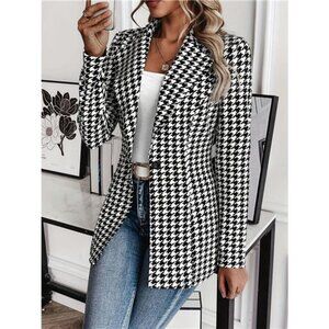 Houndstooth Print Lapel Collar Blazer